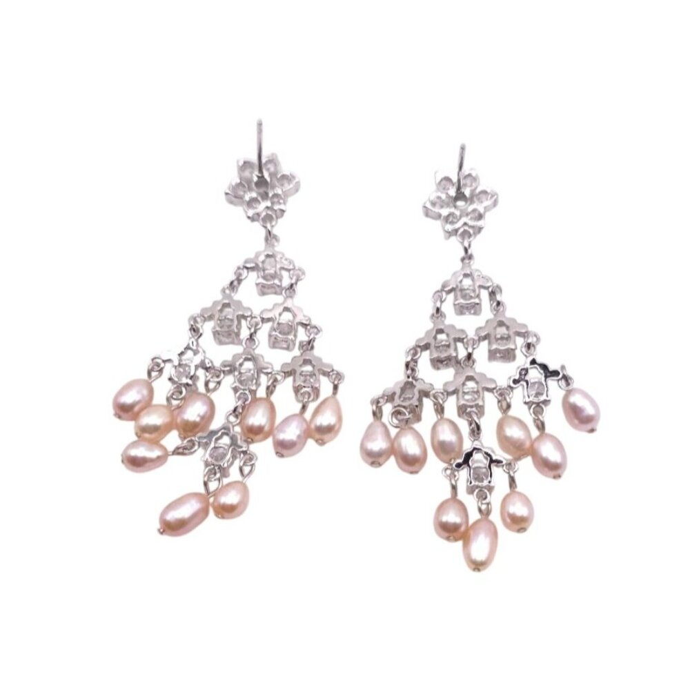 Silver Chandelier Earrings With Pink Pearl Drops & Rhinestone Accents For Women - Picture 7 of 8